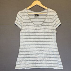 Mudd Vintage Y2K Striped Floral Scoop Neck Rayon Tee Grey White Indie Retro XL